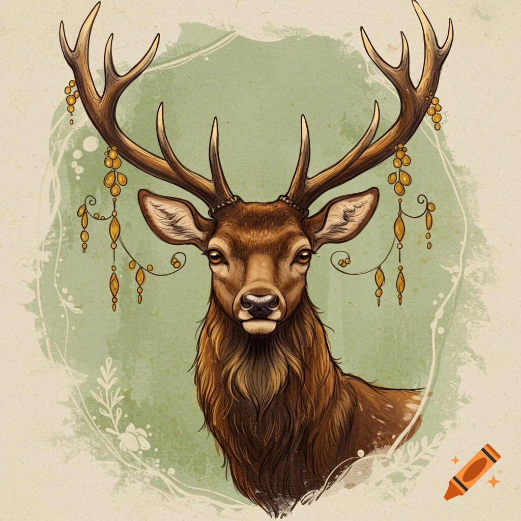 Illustration of a deer with decorated antlers on a textured green background.