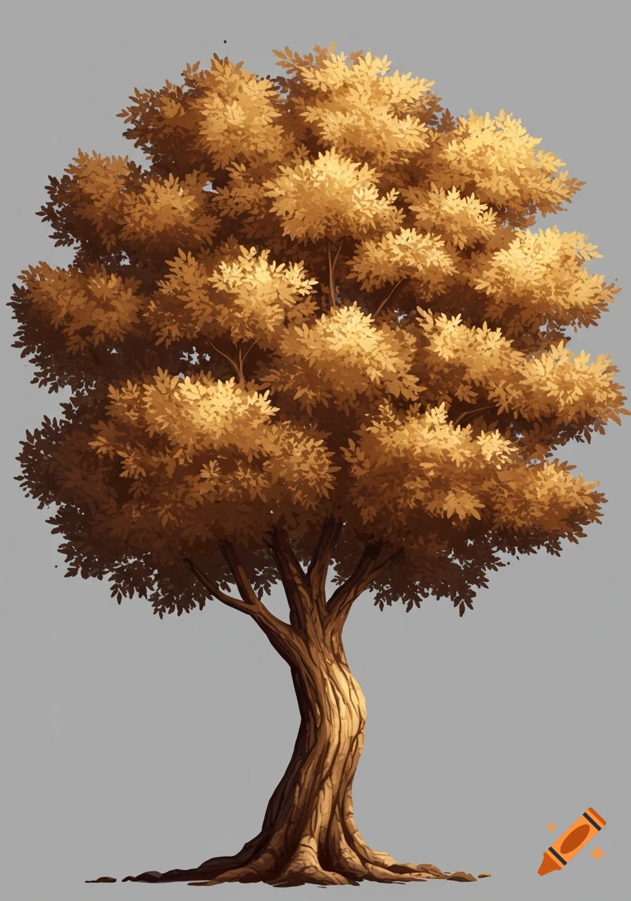 Stylized illustration of a tree with brown leaves and a textured trunk against a grey background.