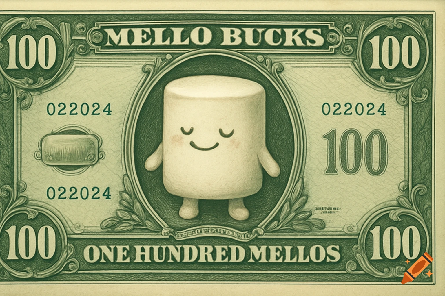 A green currency note with a marshmallow character in the center, labeled Mello Bucks.