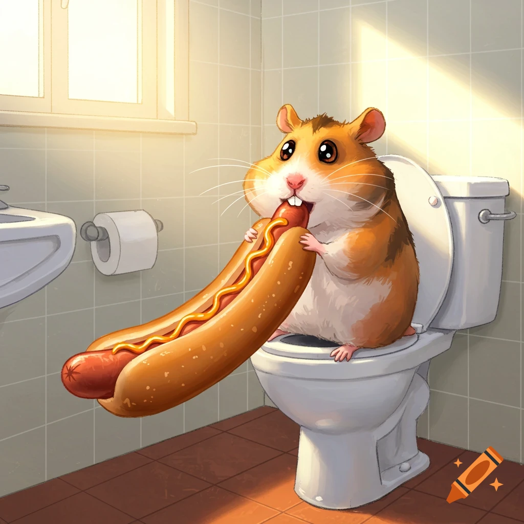 Cartoon hamster sits on a toilet eating a very long hot dog in a sunny bathroom.