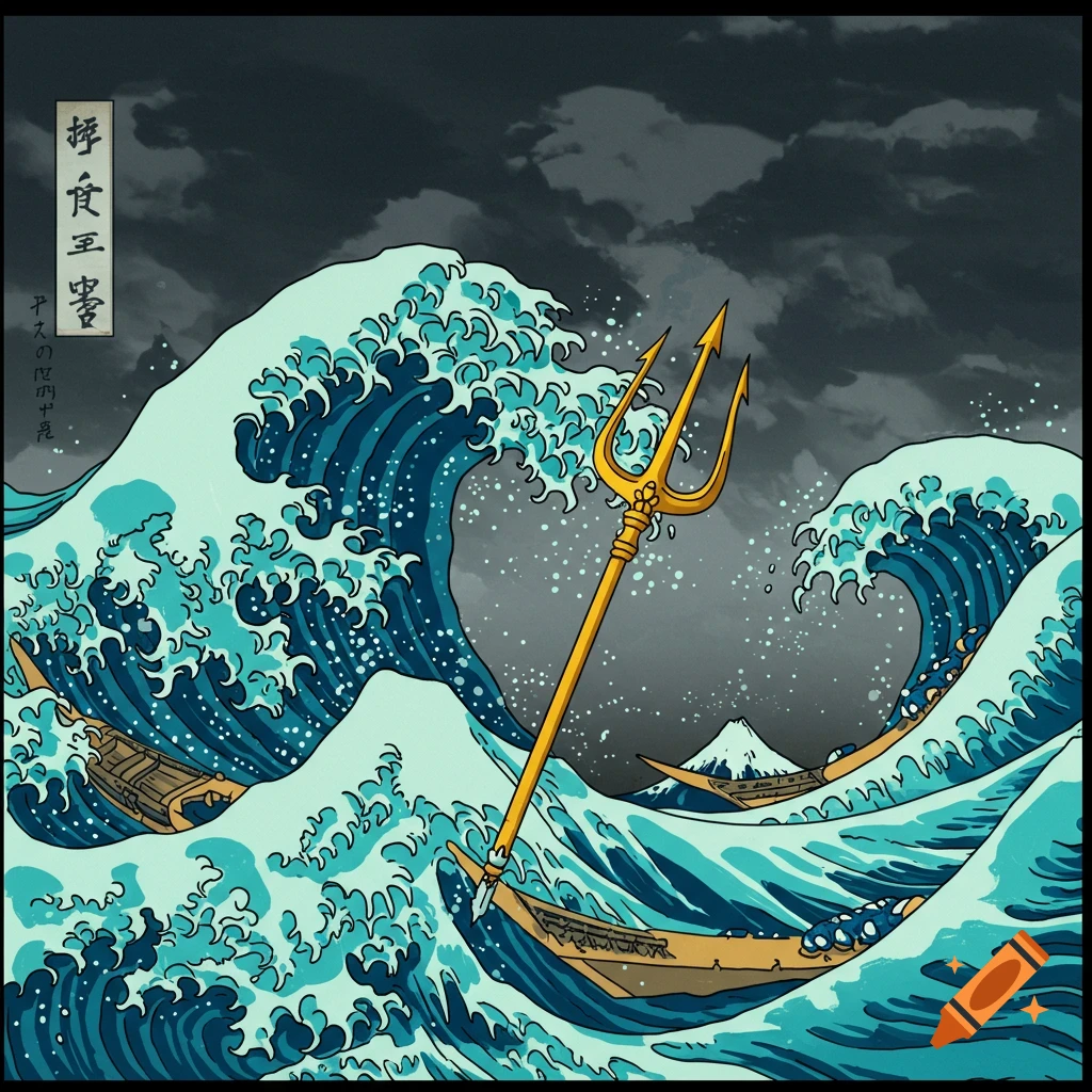 Japanese art style image of a gold trident in a large wave with boats.