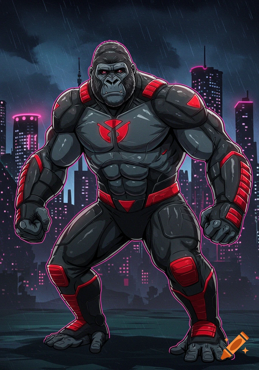 A muscular gorilla superhero in a black and red suit stands in a rainy city.