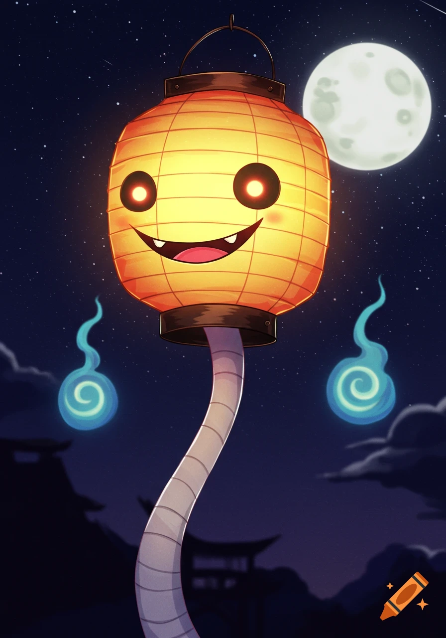 A cartoon Chochin-obake yokai, a smiling lantern creature, floats under a full moon in the night sky.
