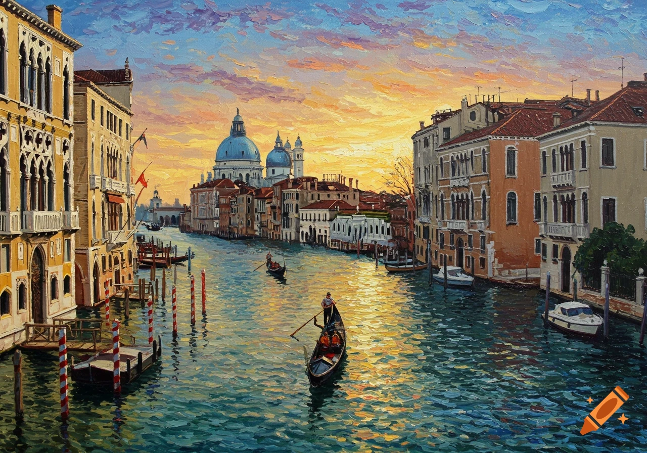 Painting of a Venice canal with gondolas and buildings at sunset, in an impressionistic style.