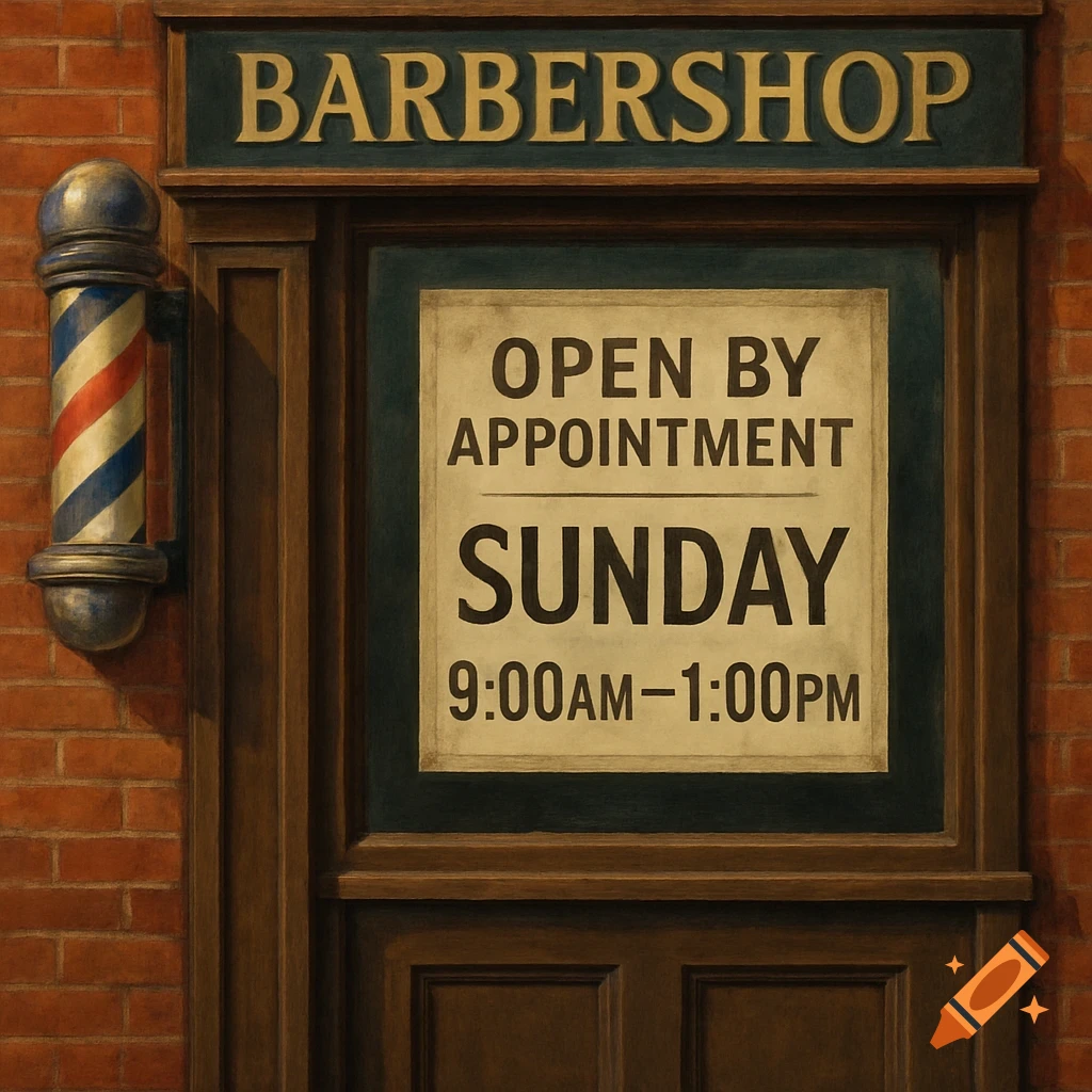 Barbershop entrance with a barber pole and sign listing Sunday hours.
