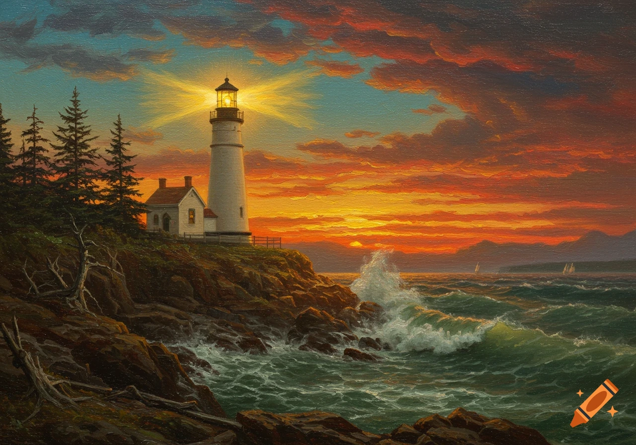 An oil painting of a lighthouse on a rocky coast at sunset with crashing waves.