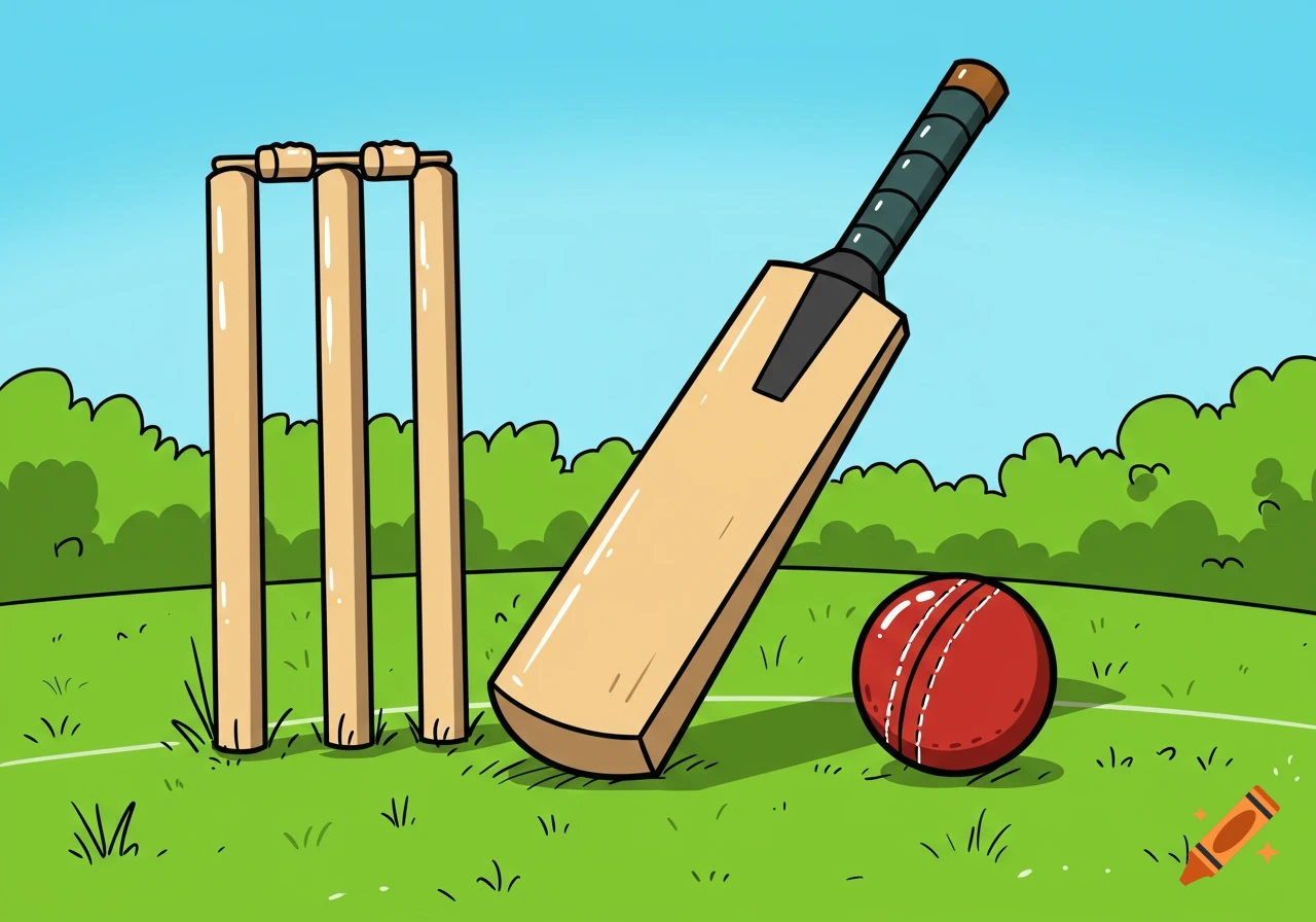 Cartoon cricket wicket, bat, and ball on a field.