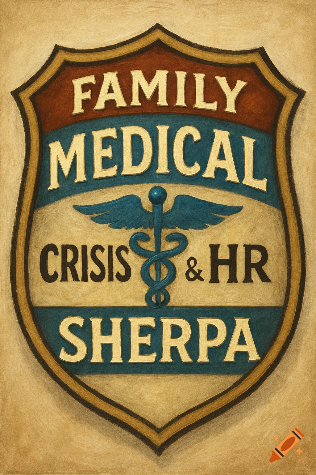 A shield-shaped badge with the text 'Family Medical Crisis & HR Sherpa' and a medical caduceus symbol.