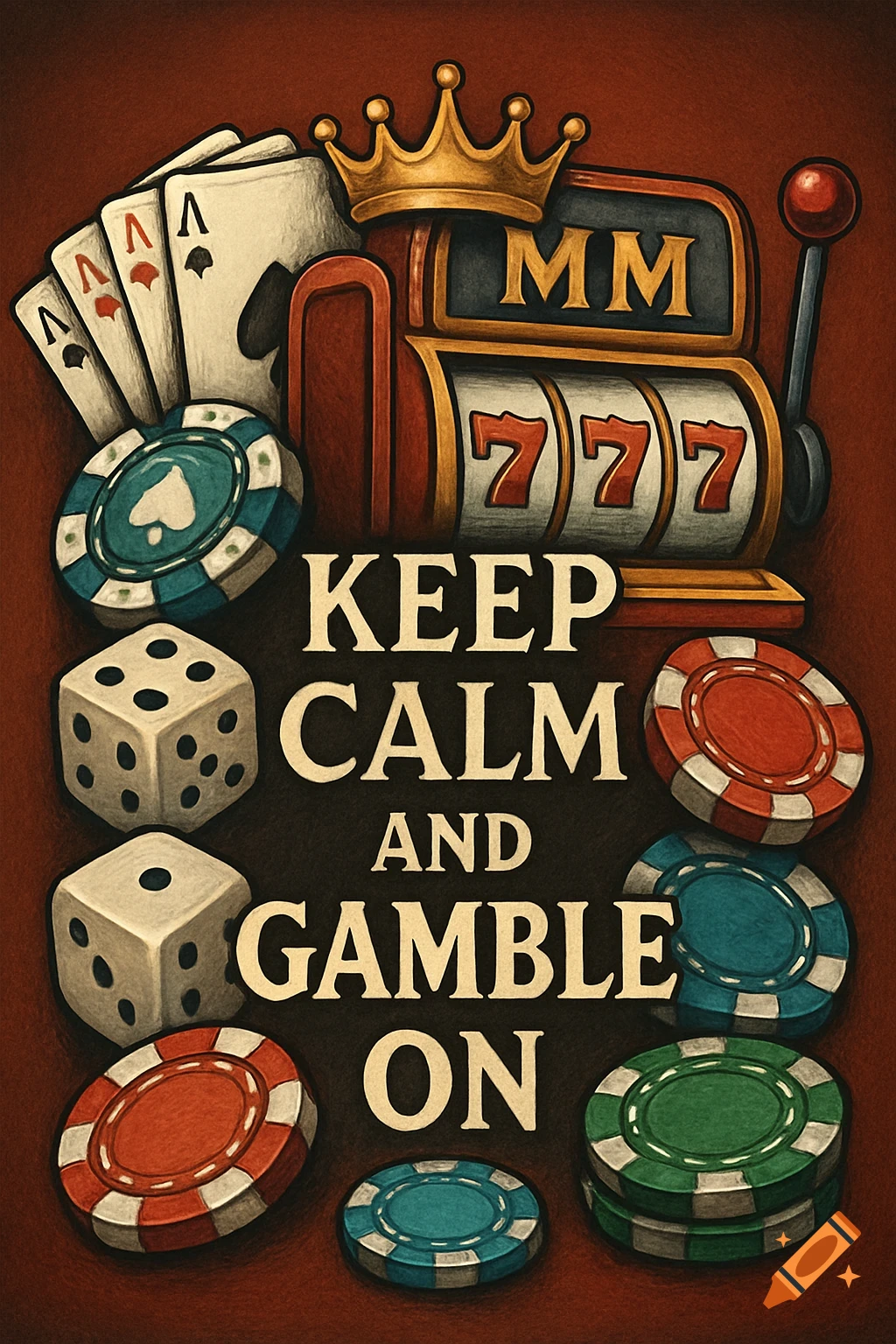 Illustration of gambling items (cards, dice, chips, slot machine) with the slogan 'Keep Calm and Gamble On'.