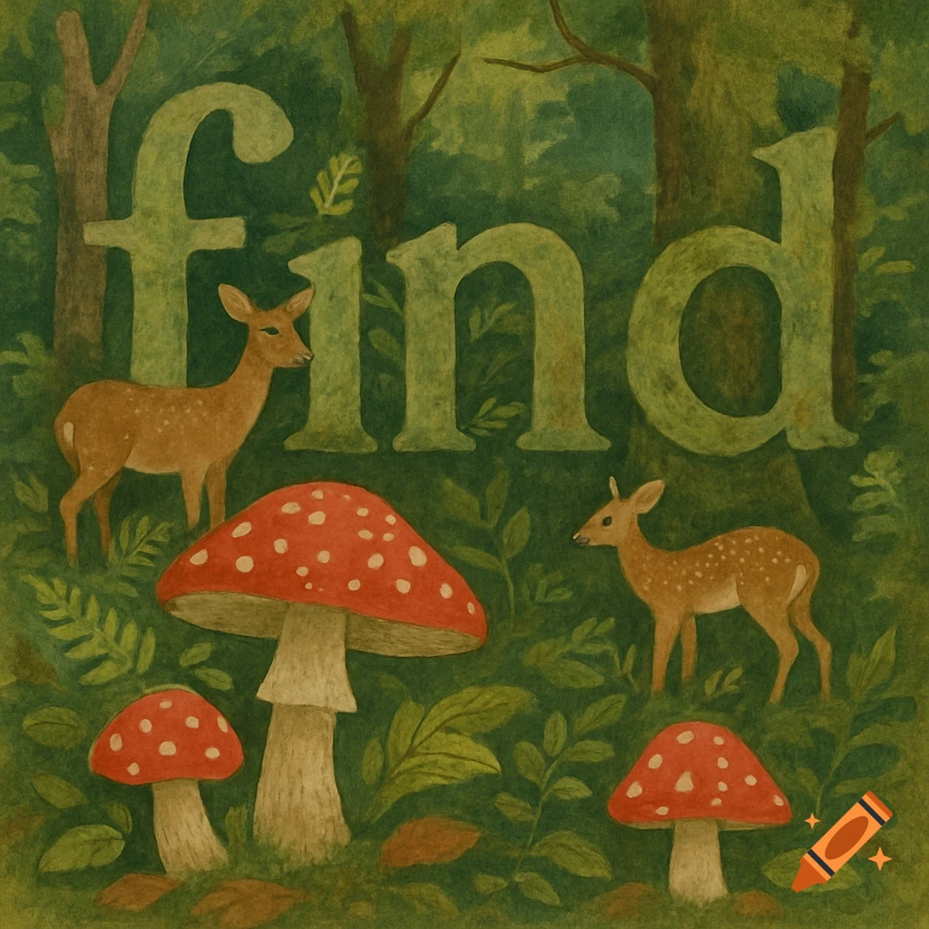 Watercolor illustration of a woodland scene with deer, mushrooms, and the word 'find' camouflaged among the trees.