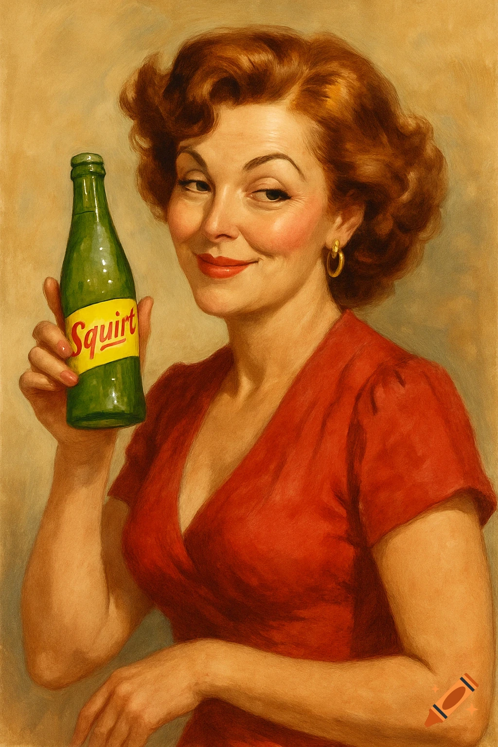 Vintage style painting of a woman holding a bottle of Squirt soda
