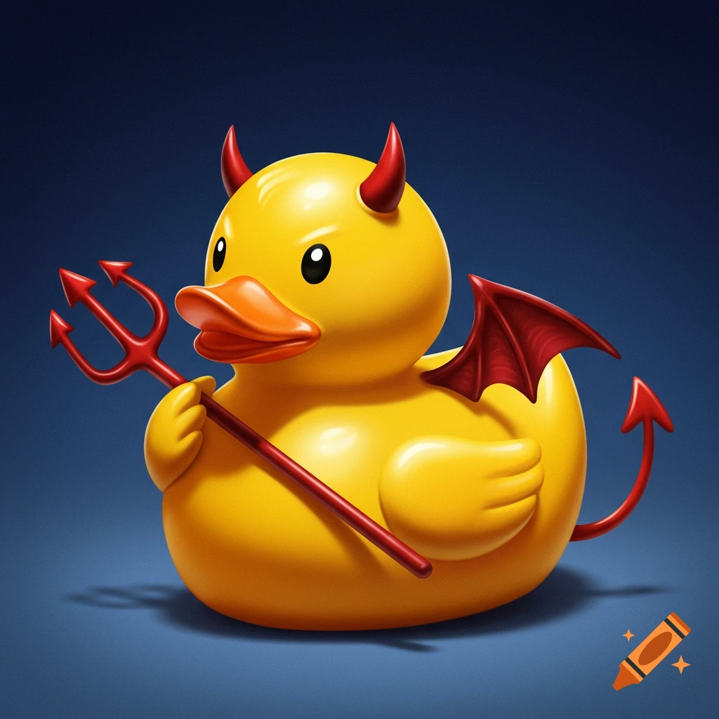 Yellow rubber duck dressed as a devil with horns, wings, tail, and trident