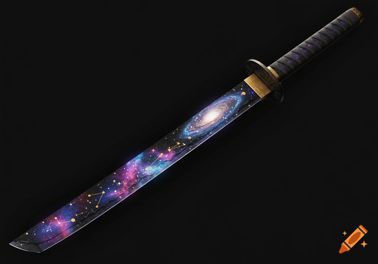 A katana sword with a colorful galaxy and constellation pattern on the blade.