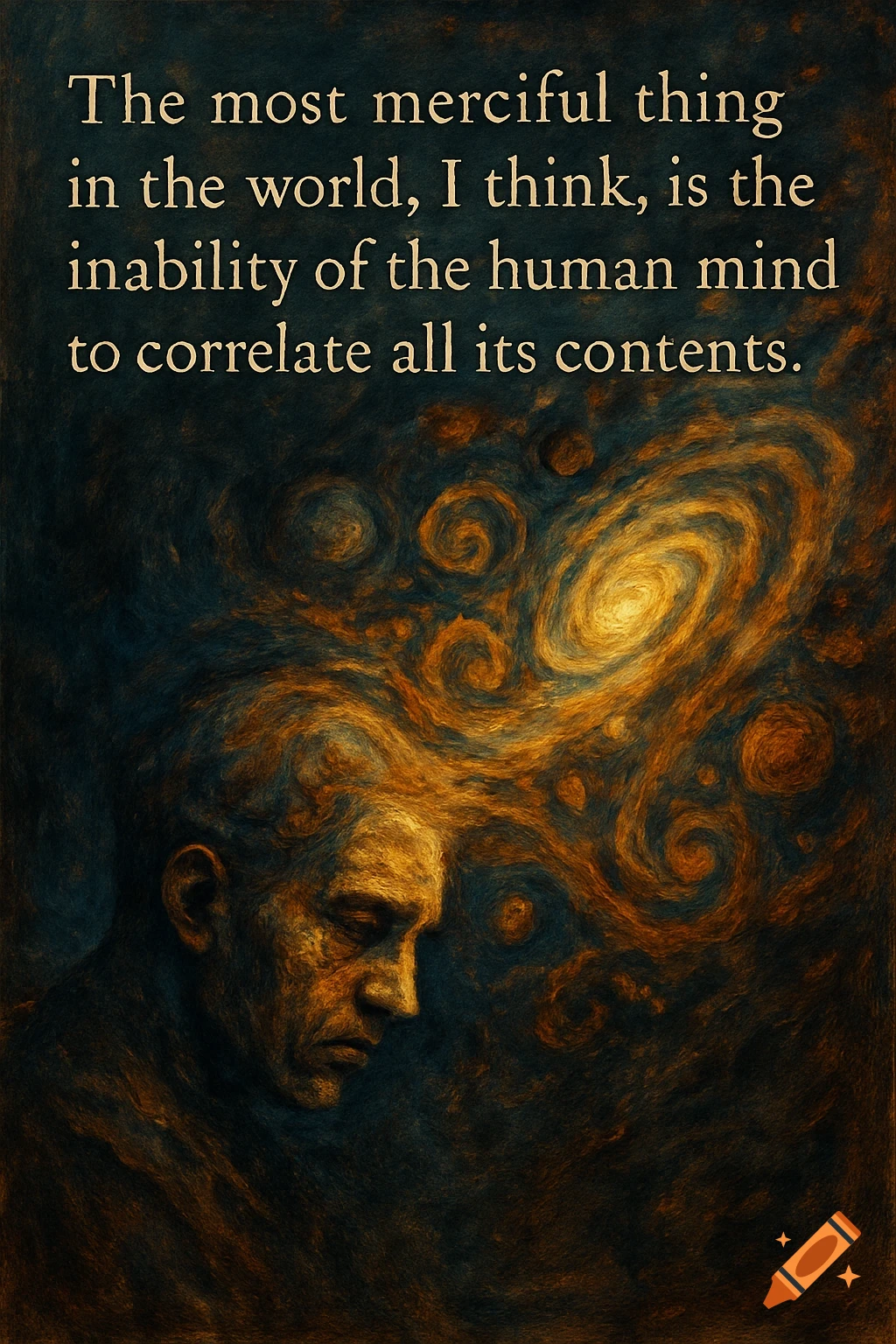 Painterly portrait of a pensive person with swirling abstract shapes and a quote above their head.