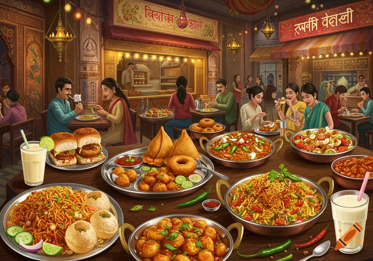Busy Indian restaurant scene filled with various foods like samosas, vada pav, and chaat, with people eating.