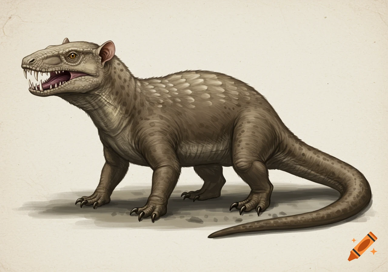 Illustration of a prehistoric creature with reptile and mammal features.