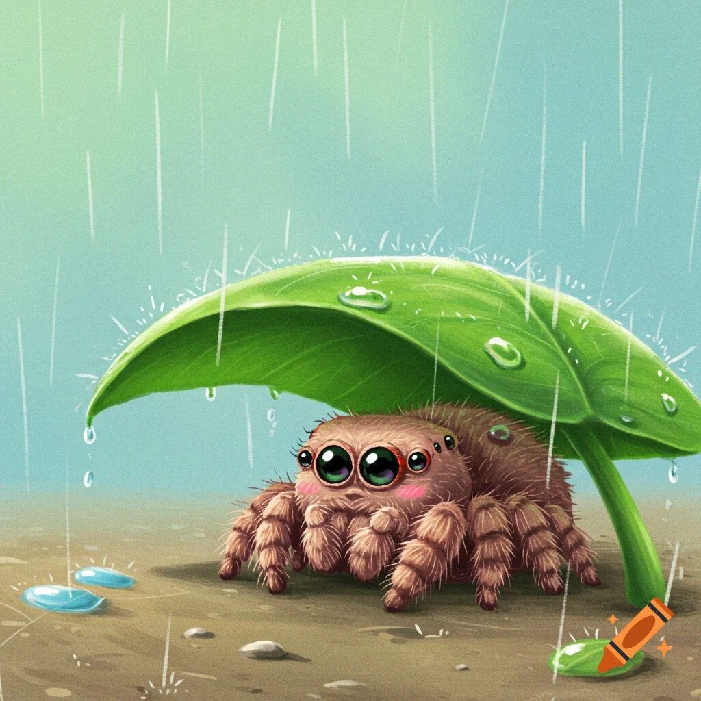 Cute fluffy spider sheltering from rain under a green leaf, illustration.