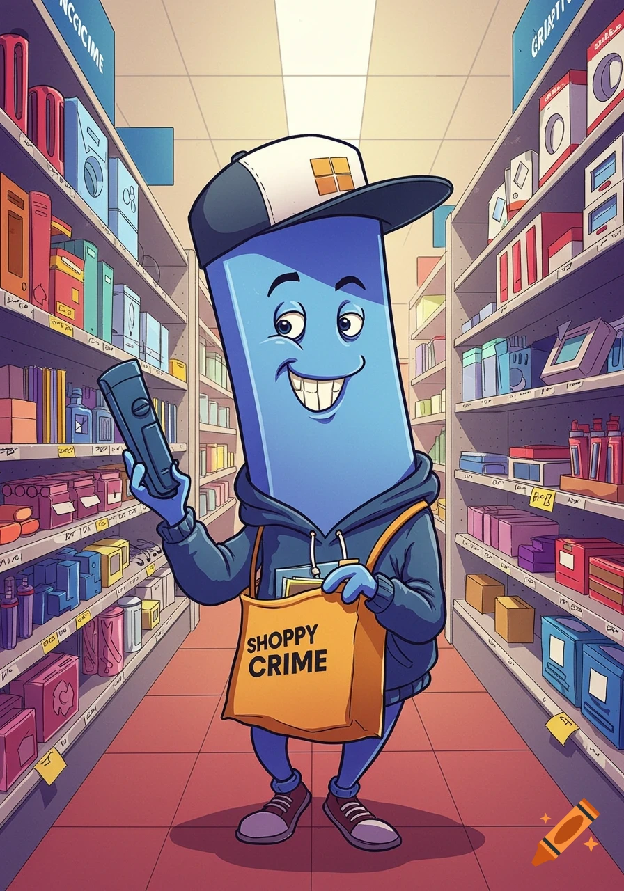 A blue cartoon character resembling Clippy in a store holds a remote and a bag that says 'SHOPPY CRIME'.