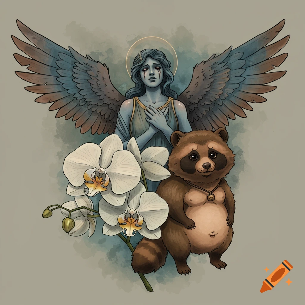 Illustrative tattoo style image of a fallen angel with wings, a raccoon, and white orchids.