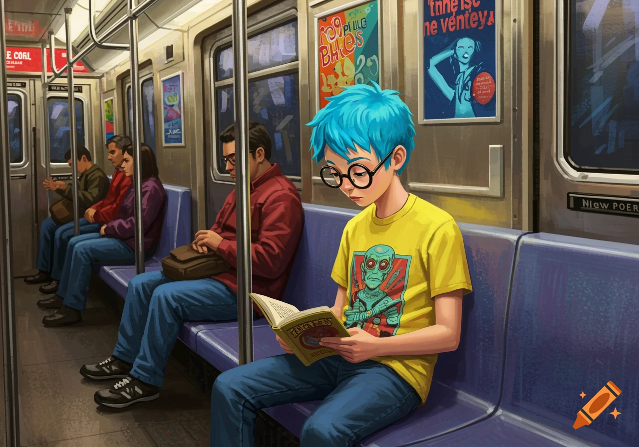A teenager with blue hair and glasses reads a book while riding on a subway train.