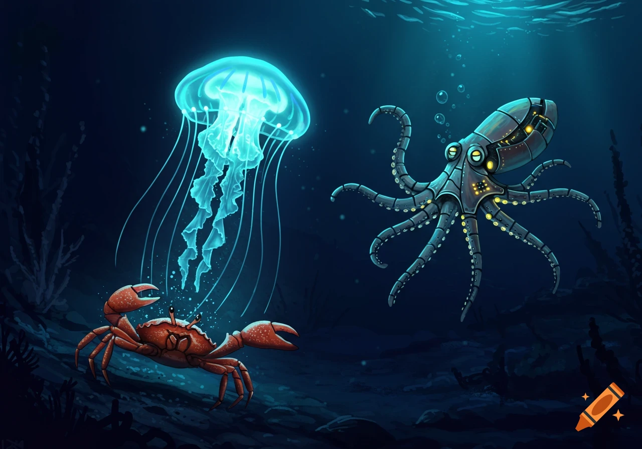 Illustration of a robot octopus, bioluminescent jellyfish, and crab underwater.