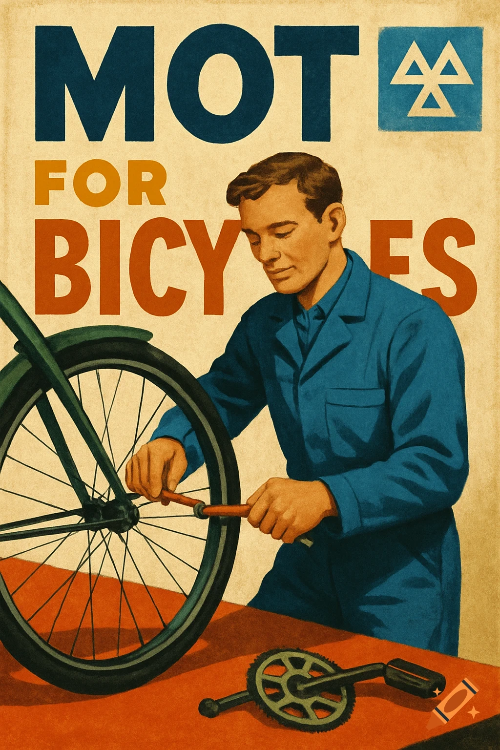 Vintage poster of a man fixing a bicycle wheel, with text 'MOT FOR BICYCLES' and a logo.