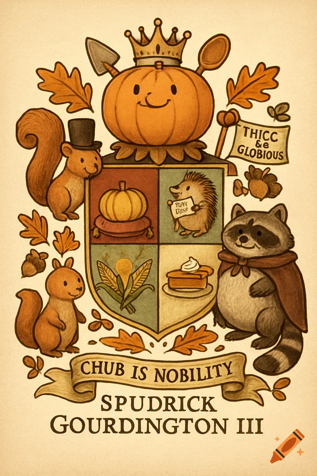 Whimsical cartoon coat of arms with crowned pumpkin, squirrels, raccoon, autumn leaves, and shield featuring pumpkin pie and corn.