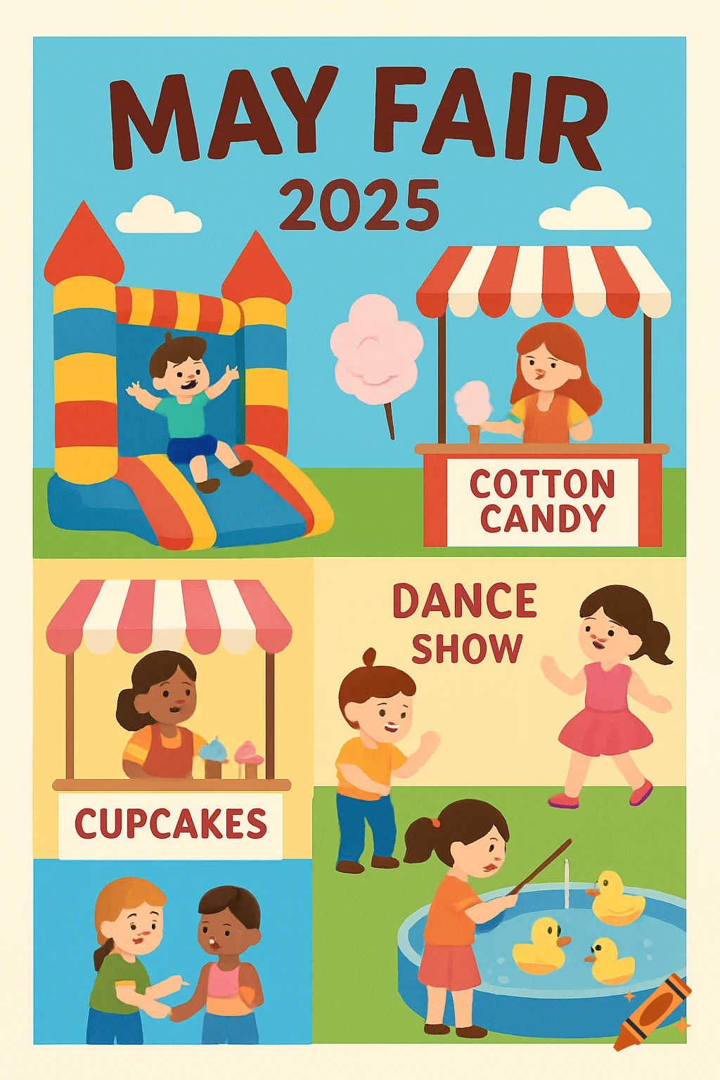 A colorful children's illustration poster advertising a May Fair with scenes of a bouncy castle, cotton candy stall, cupcake stall, dance show, and a duck fishing game.