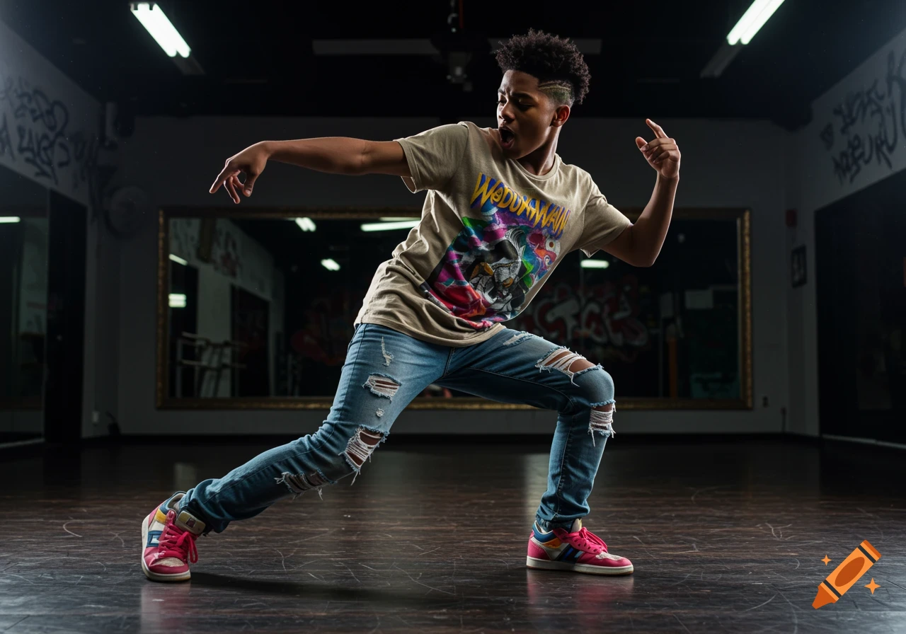 A young man in ripped jeans and t-shirt dancing in a studio