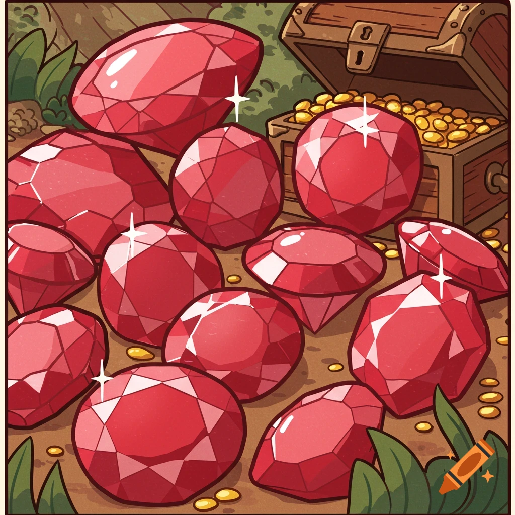 Cartoon illustration of many red rubies and a wooden treasure chest overflowing with gold coins.
