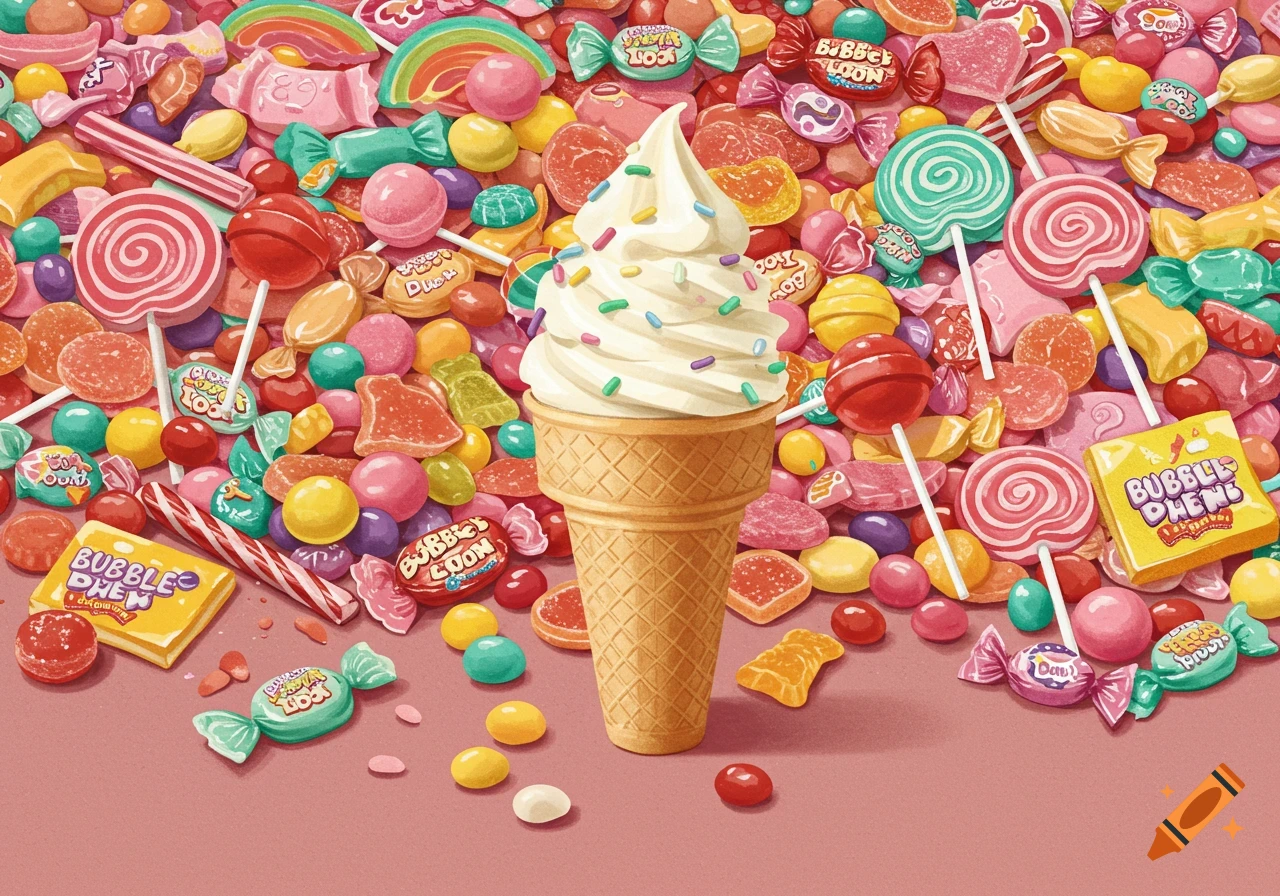 A close-up view of a vanilla ice cream cone surrounded by a large pile of colorful assorted candies.