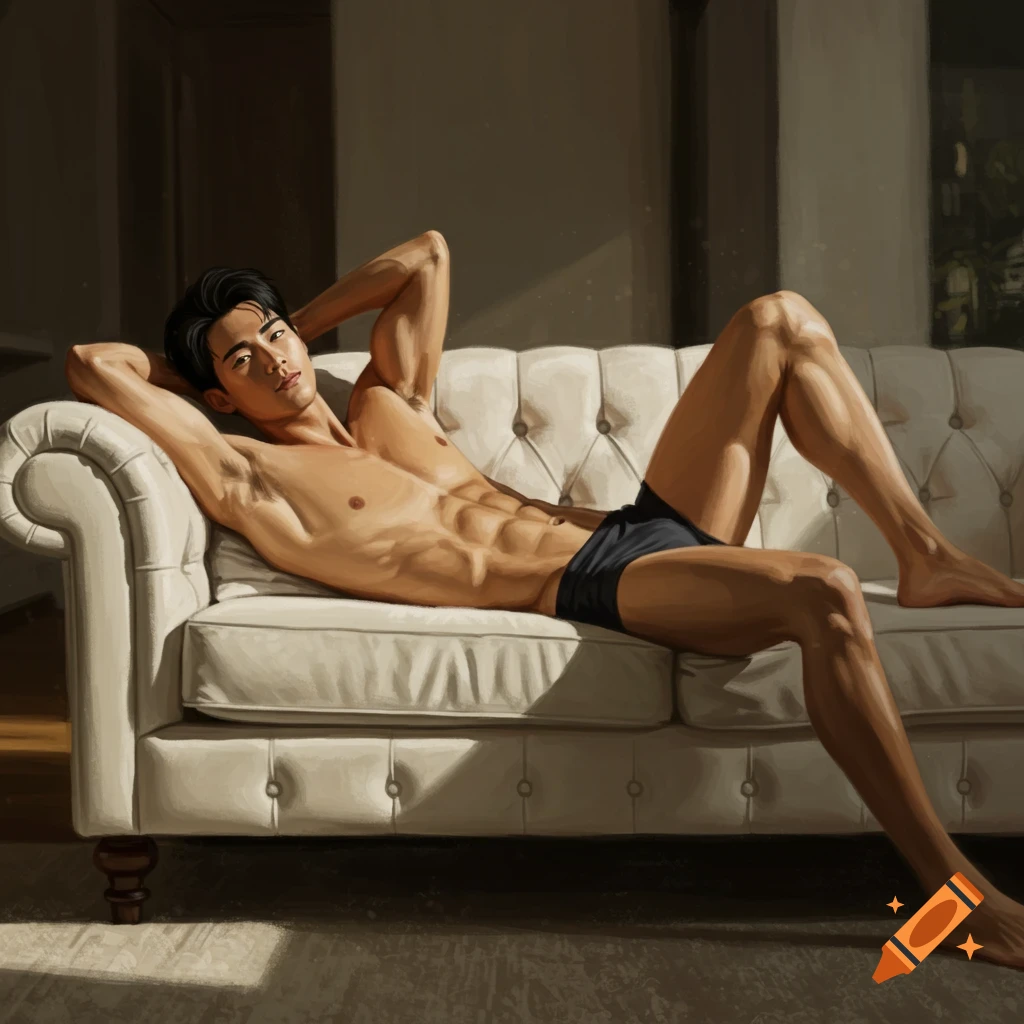Shirtless Asian man reclining on a white sofa, digital painting