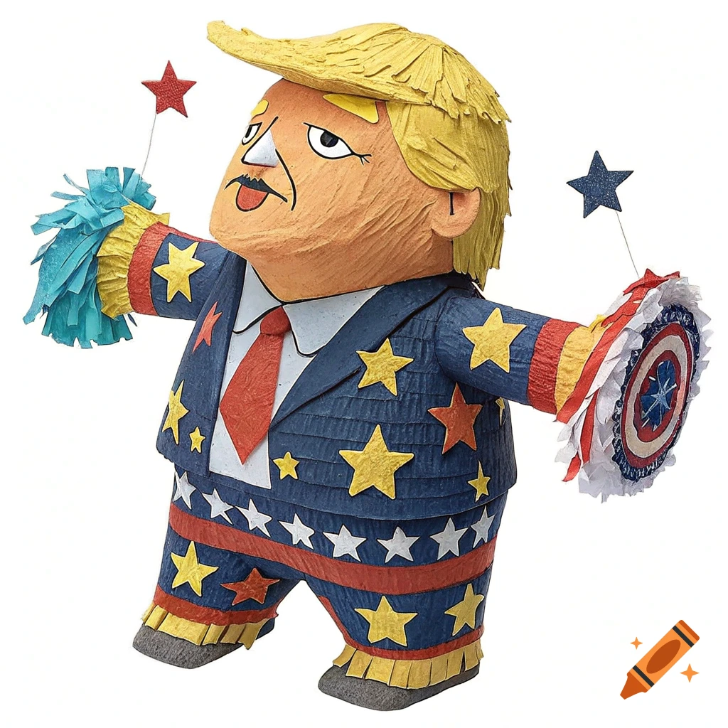 Handcrafted piñata of Donald Trump in a star-spangled suit, holding pom-poms and a patriotic shield.