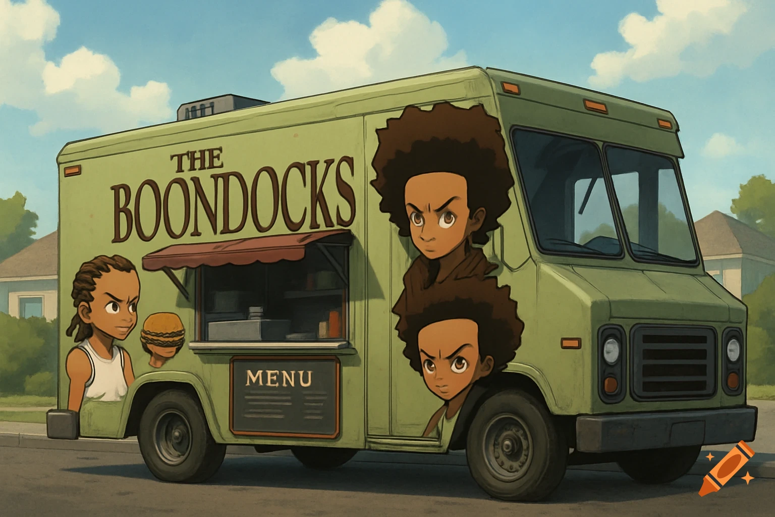 Cartoon image of a food truck featuring characters from The Boondocks, with 'THE BOONDOCKS' written on the side.