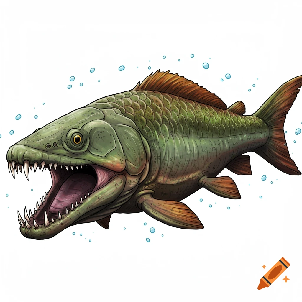 Illustration of a green prehistoric fish with large teeth