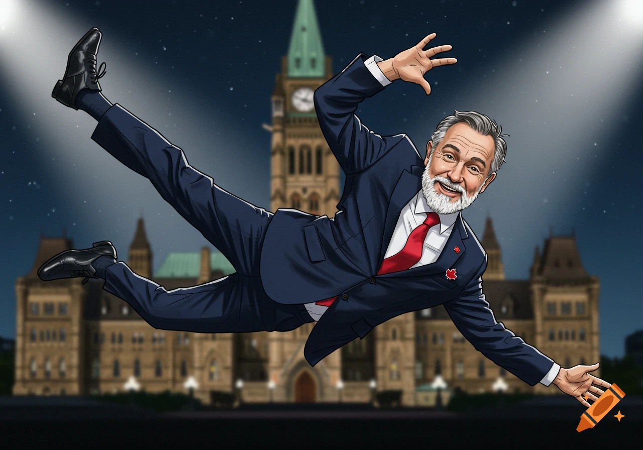 Illustrated man in a suit floating horizontally in front of a building at night.