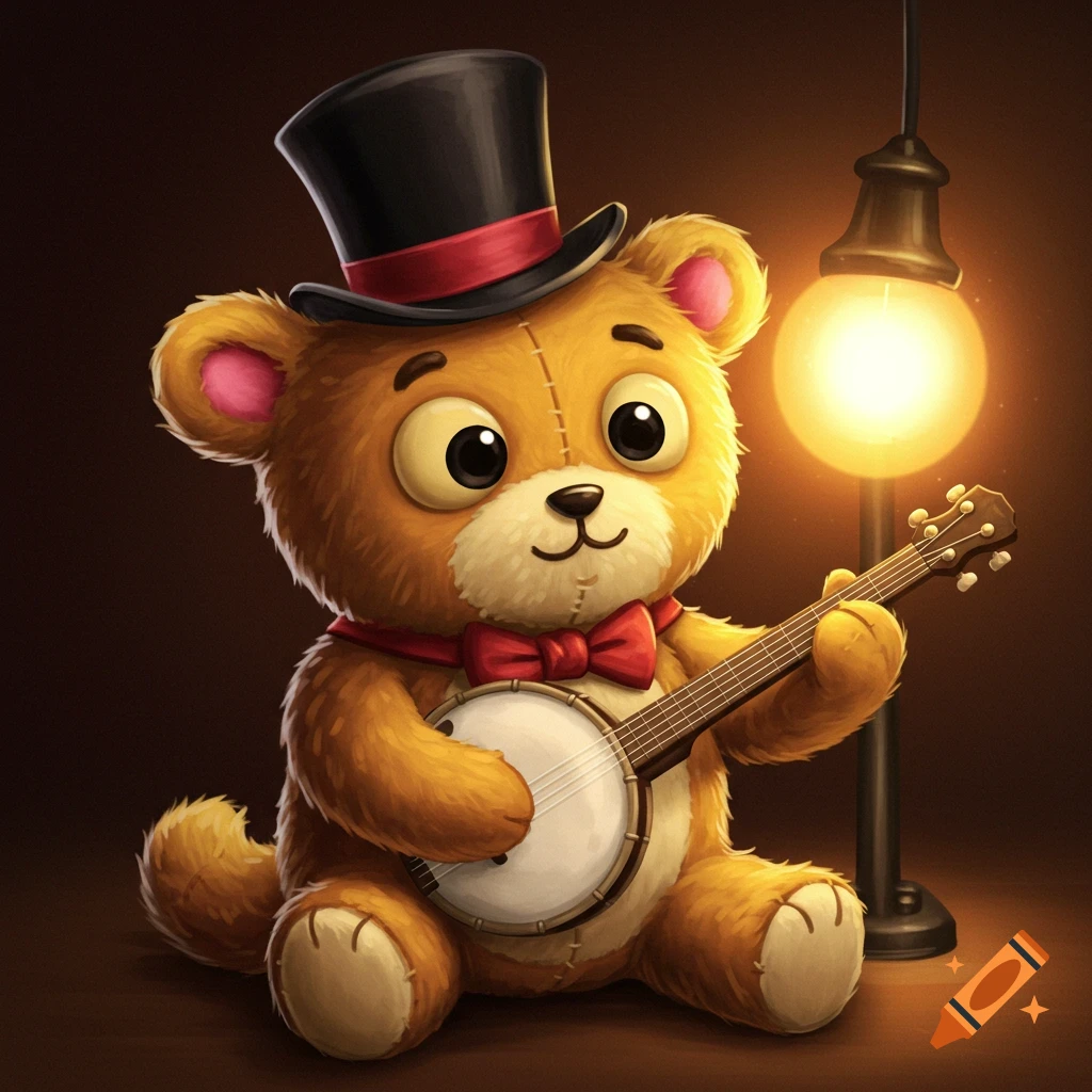 A cartoon teddy bear wearing a top hat and bow tie sits under a streetlamp and plays a banjo.