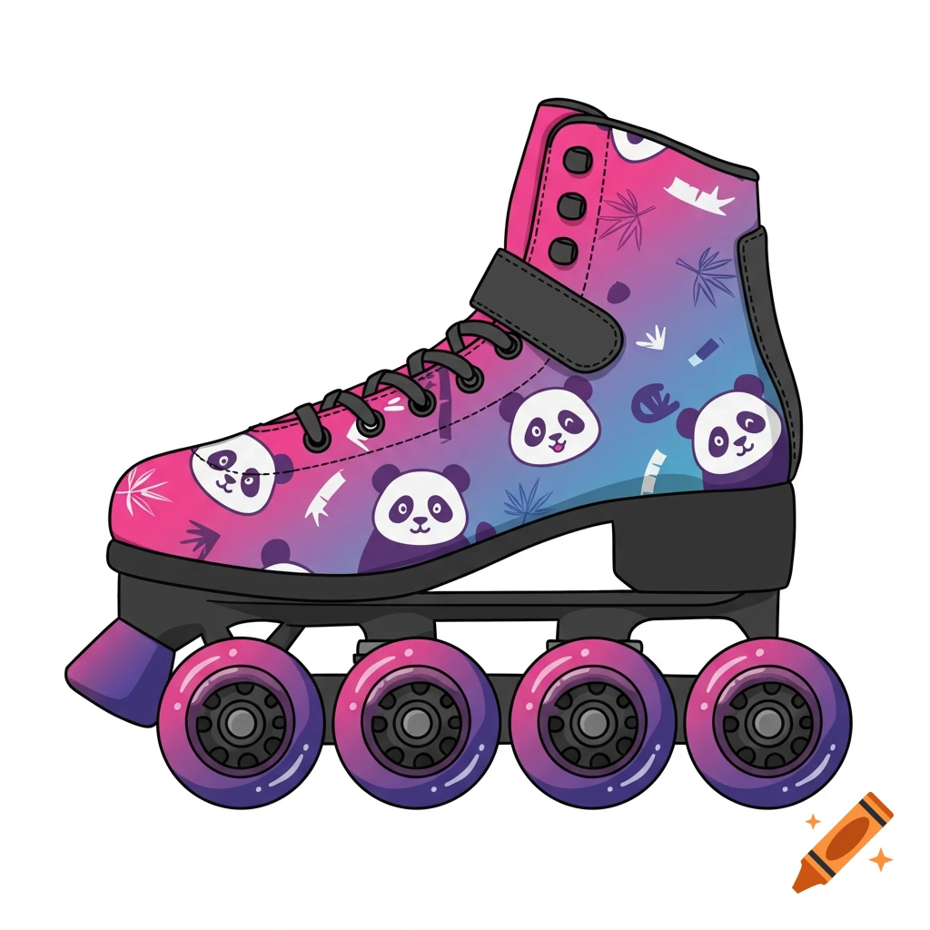 A roller skate with pink, blue, and purple gradient and panda pattern.