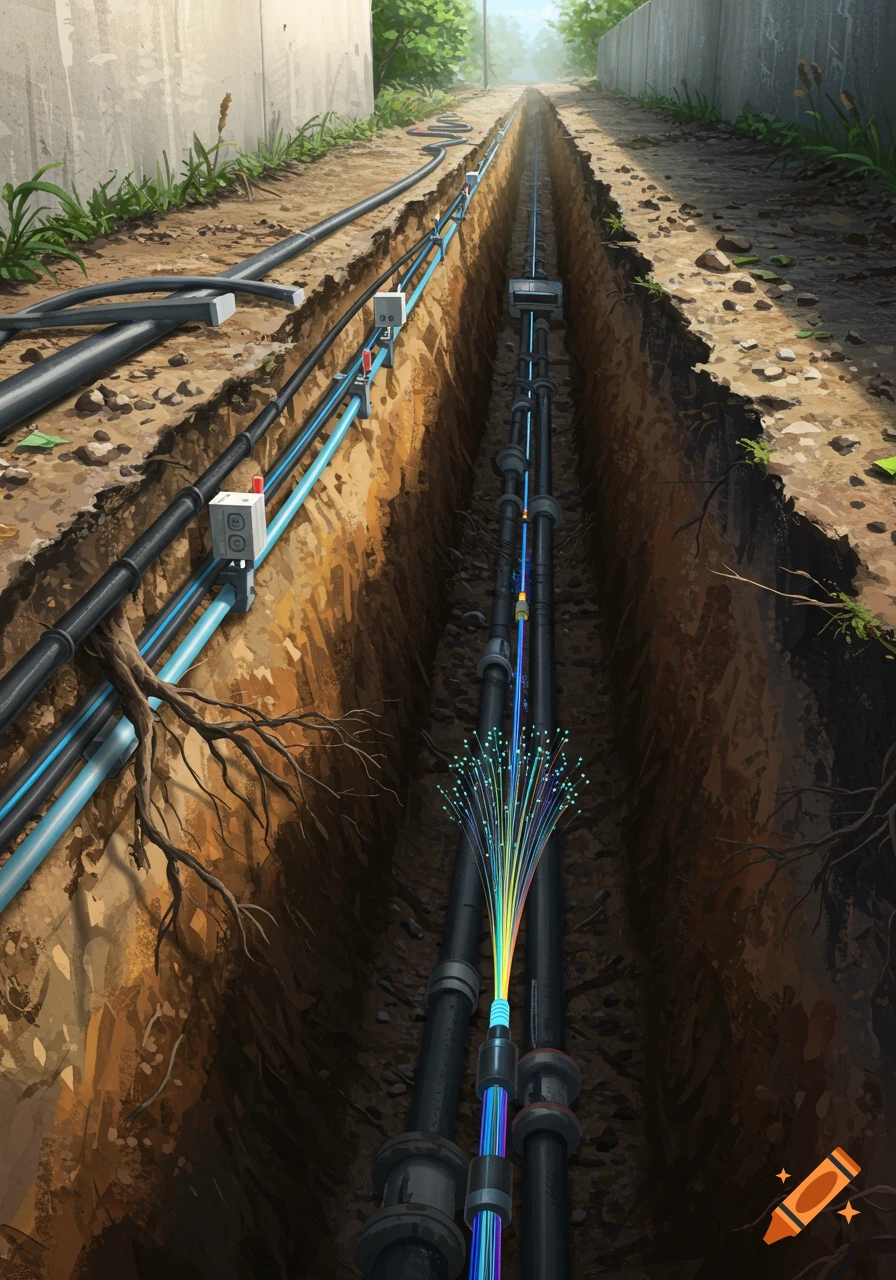 A deep trench showing underground utility lines and a glowing fiber optic cable.