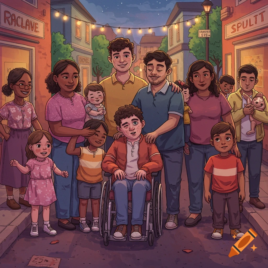 Illustration of a diverse family and community gathered outside at night, including a person in a wheelchair.