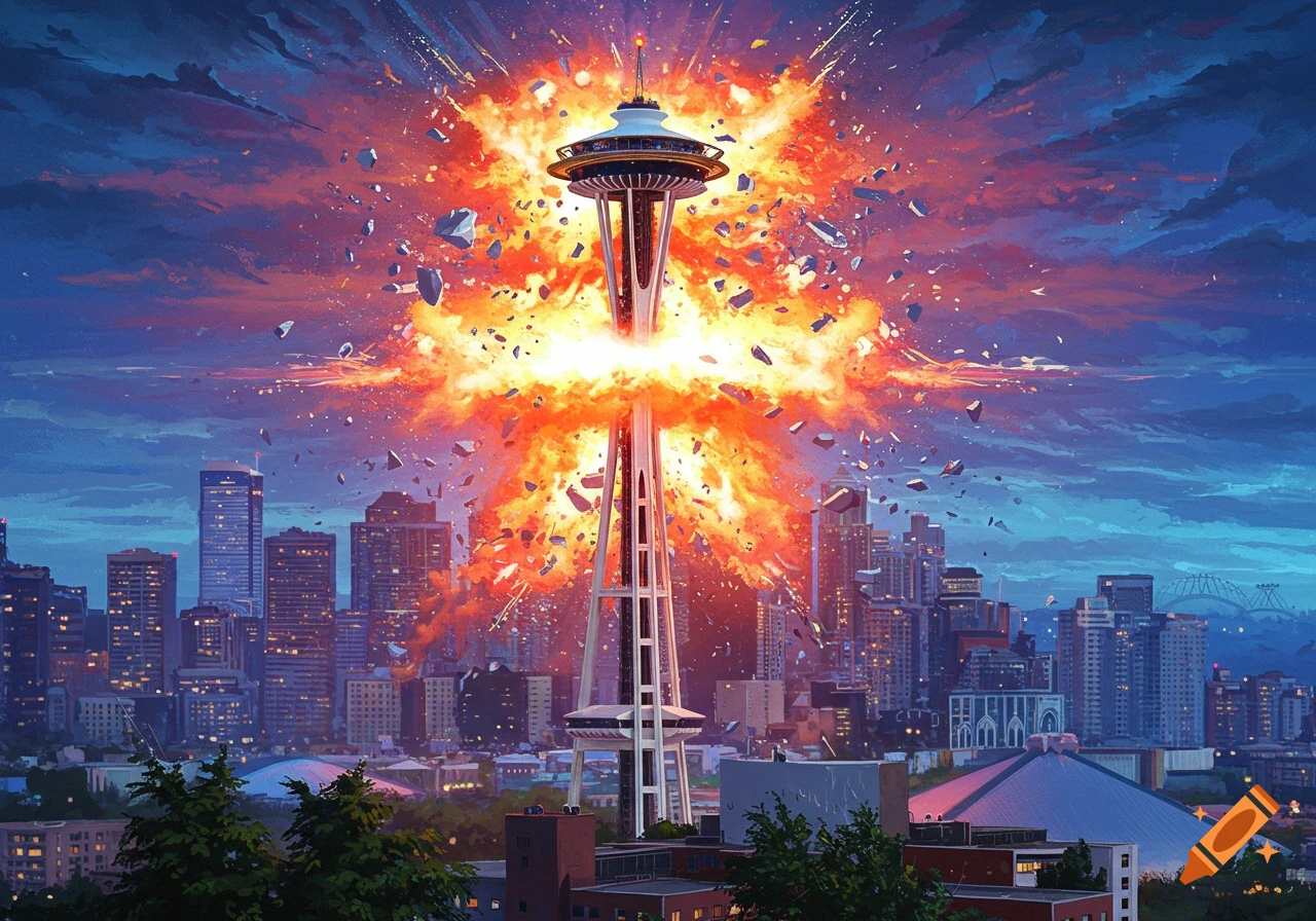 Seattle Space Needle exploding over city skyline at sunset. on Craiyon