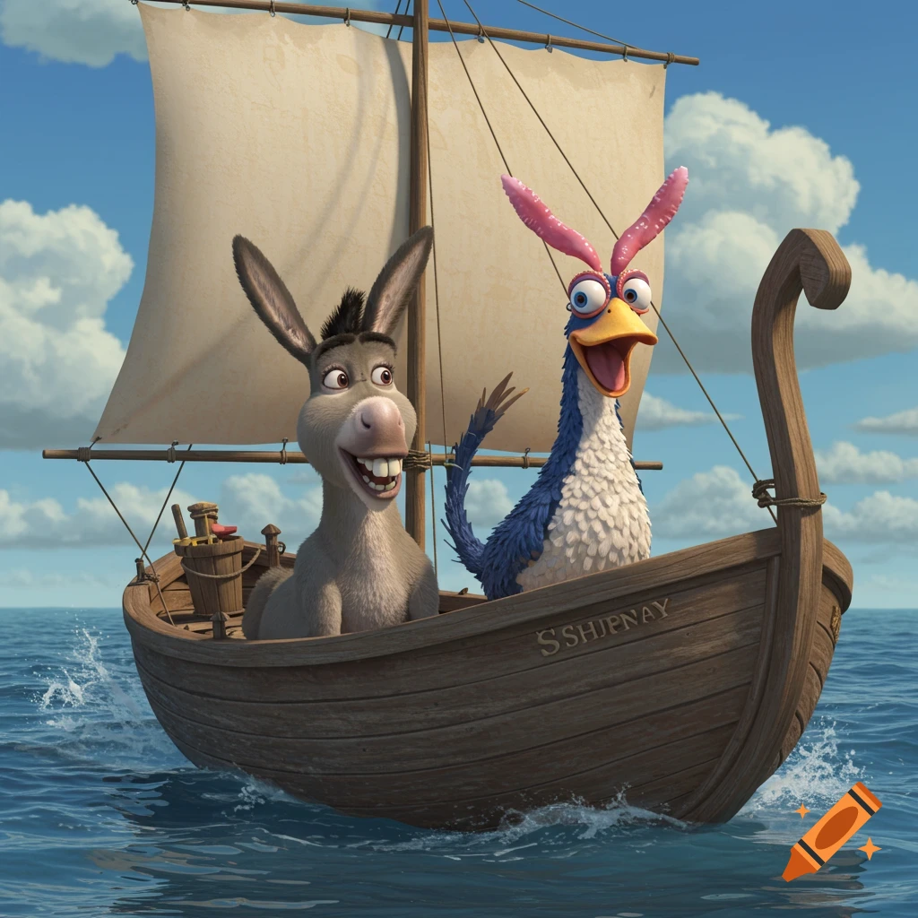 Donkey from Shrek and Hei-Hei in a sailboat on the sea, 3D animation style