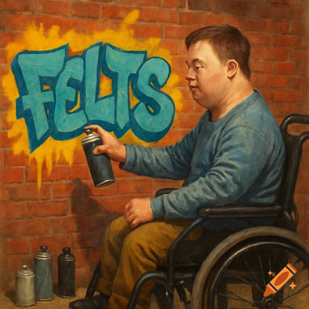 A man with Down Syndrome in a wheelchair spray-paints 'FELTS' graffiti on a brick wall. Painting.