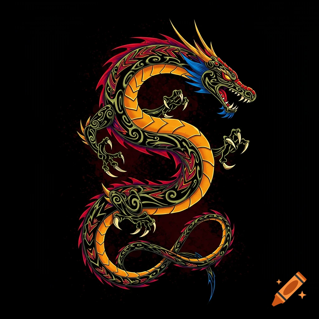 Stylized tribal dragon on a black background.