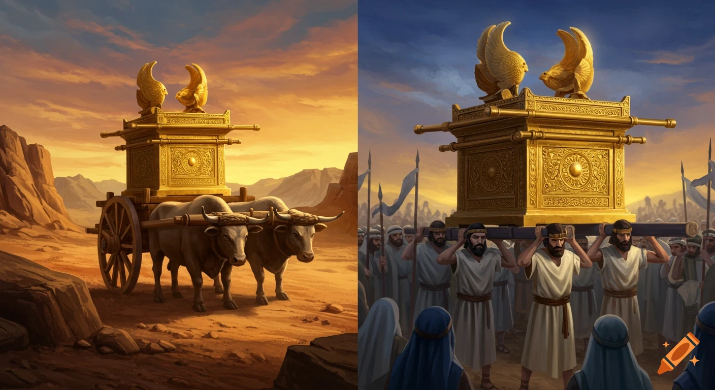 Split image: Ark of the Covenant on ox cart in desert and carried by men in procession. Digital painting.