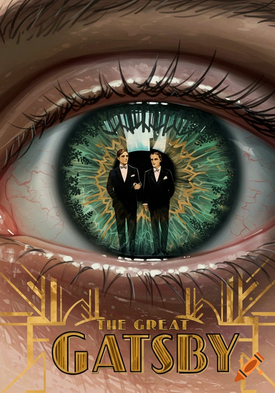 Art Deco illustration of an eye with two men in suits standing in the iris, and 'THE GREAT GATSBY' text below.