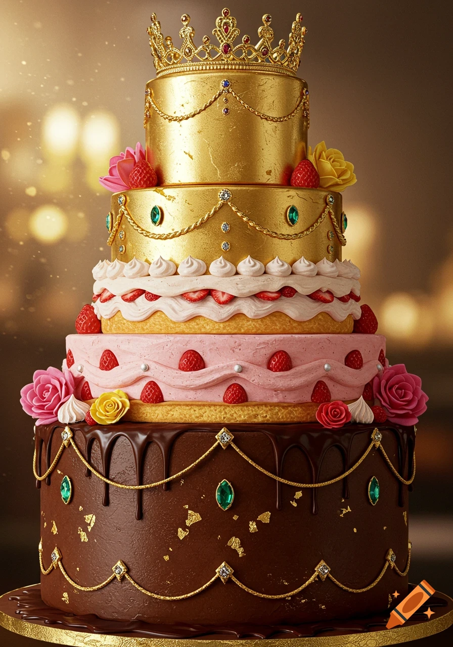 Luxurious multi-tiered cake decorated with gold, jewels, strawberries, and a crown.