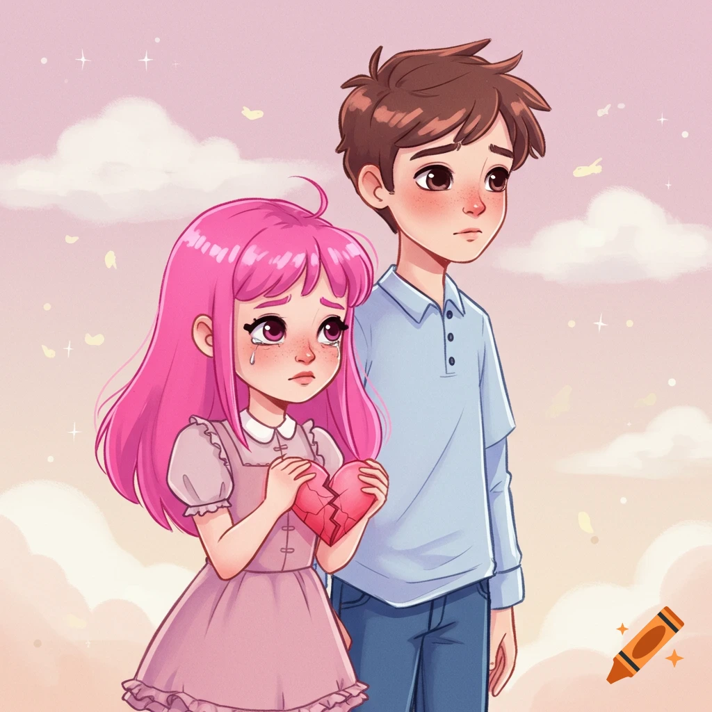 Cartoon of a sad girl with pink hair holding a broken heart next to a boy.