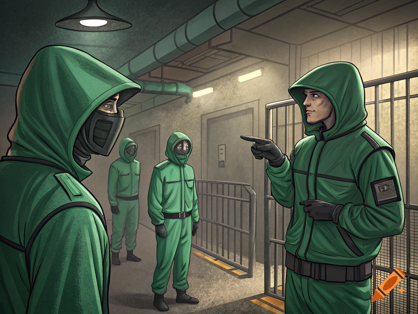 Illustration of three figures in green hooded guard outfits in a hallway, one pointing.