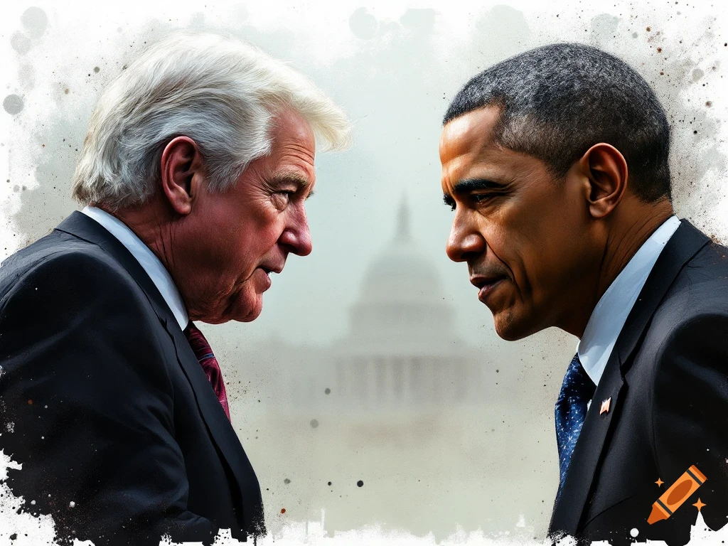 Two men in suits face each other in profile with a blurred Capitol building background, in a painterly style.